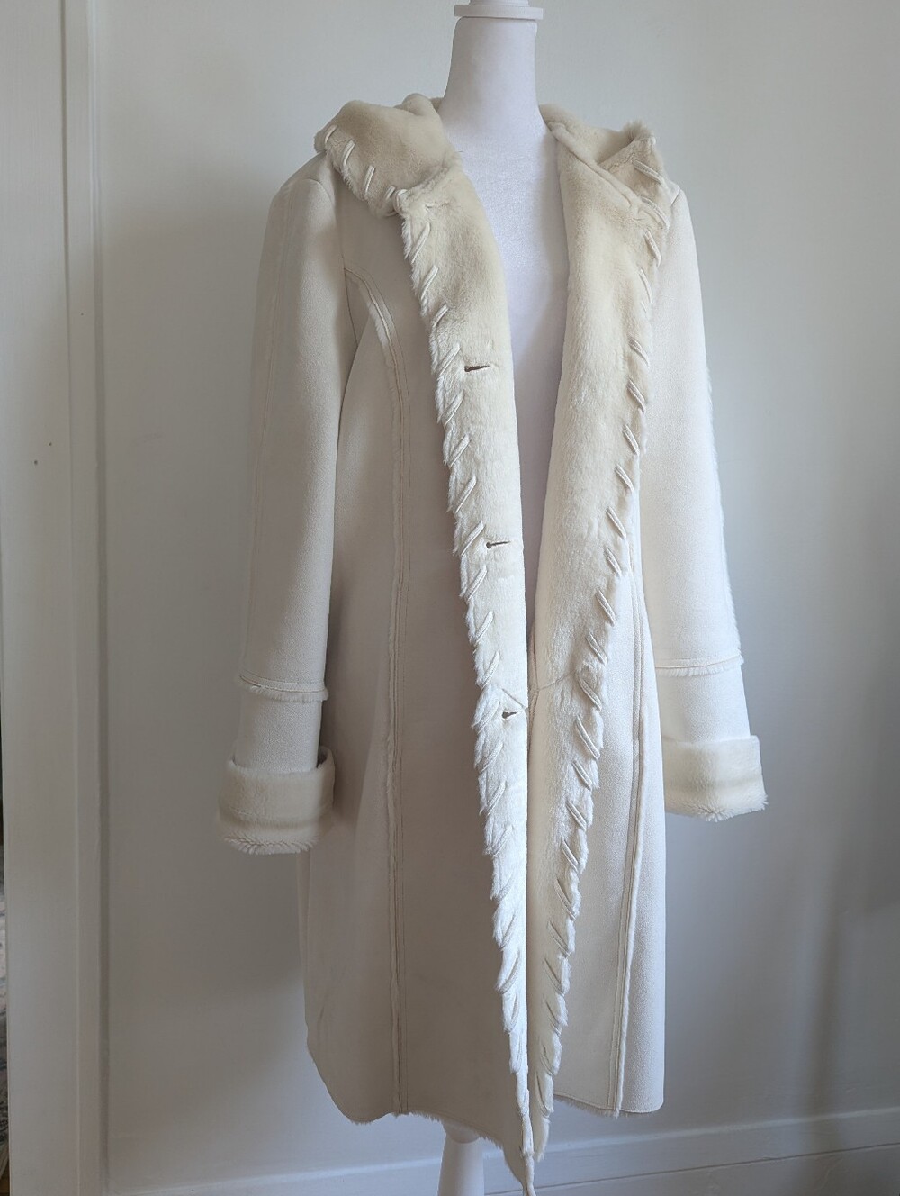 Vintage Coldwater Creek Faux Suede Shearling Lined Whipstich Accent Ivory Coat